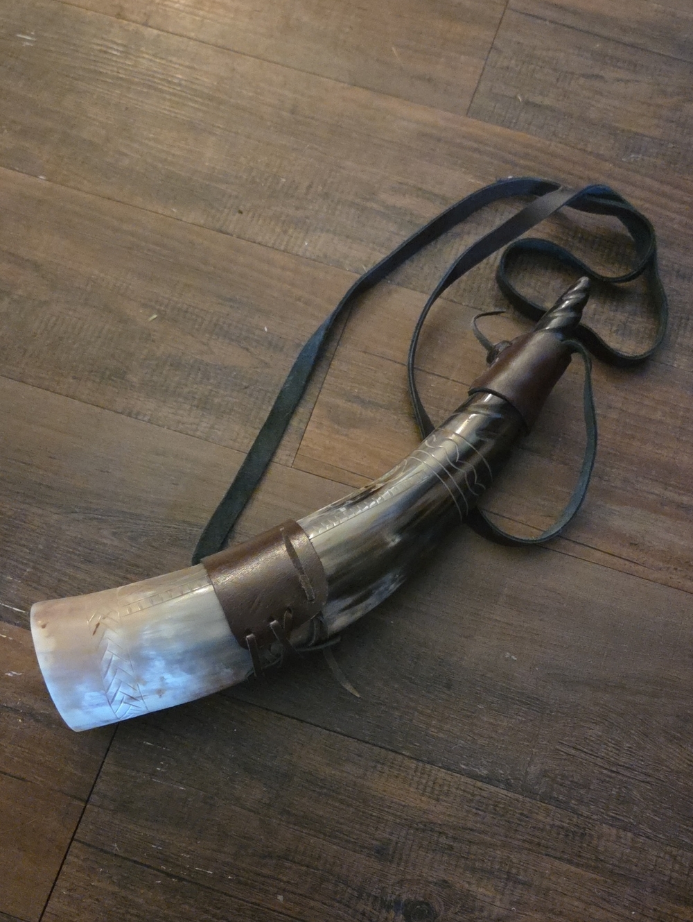 Handcrafted Drinking Horn with Leather Strap - Brown/Tan